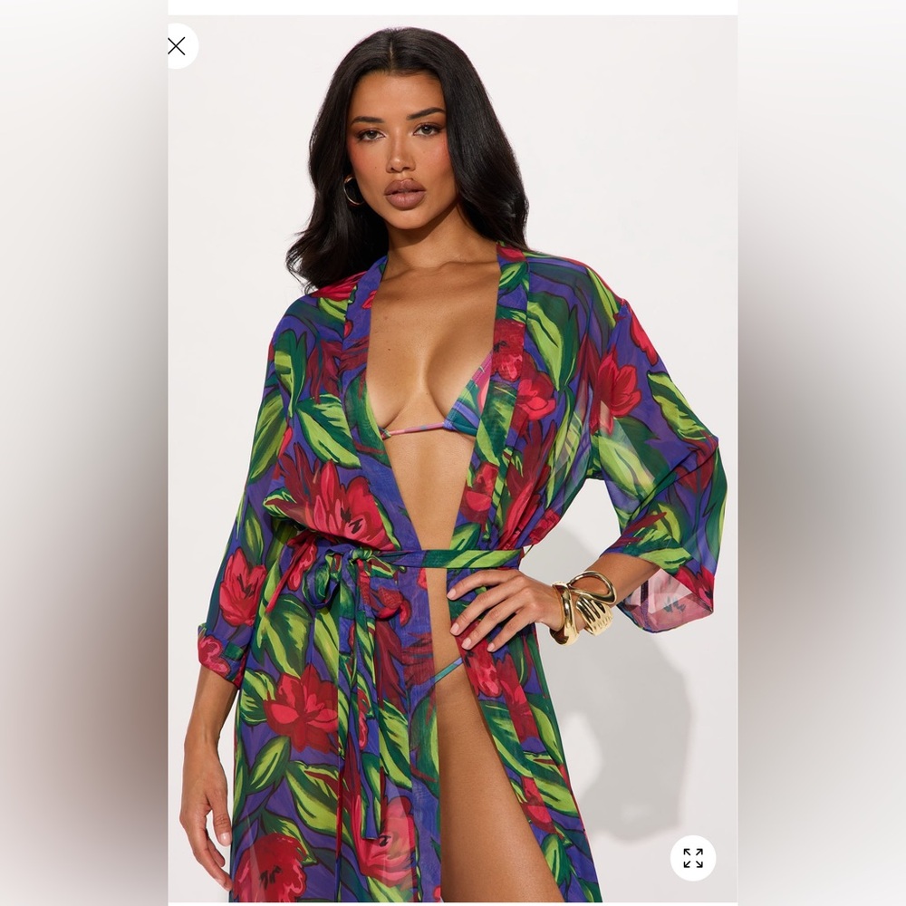 Sultry Chiffon  Maxi Floral  Print Swim Cover-Up Belted Kimono